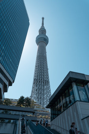 TOKYO, JAPAN - APRIL 9, 2023: Tokyo Skytree tower, famous landmark near Sumida riverのeditorial素材