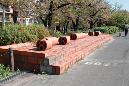 TOKYO, JAPAN - APRIL 9, 2023: Resting area at Sumida reiver walkのeditorial素材