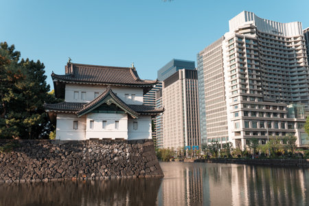 TOKYO, JAPAN - APRIL 9, 2023: Pathway around Imperial palace in Chiyoda district