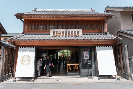 KAWAGOE, JAPAN - APRIL 11, 2023: View of Starbucks storefront at Kanetsuki Streetのeditorial素材