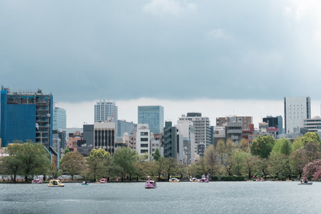 TOKYO, JAPAN - APRIL 8, 2023: People riding swan paddle boats in Shinobazu Pond in Ueno park with cherry blossom sakuraのeditorial素材