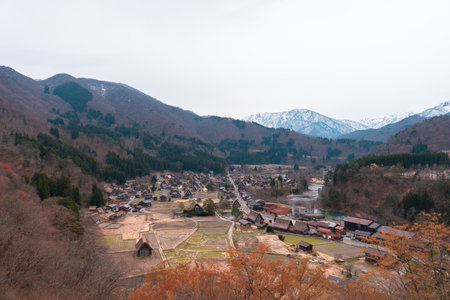 SHIRAKAWA, JAPAN - APRIL 5, 2023: Aerial view of Shirakawa-go village in springtimeのeditorial素材