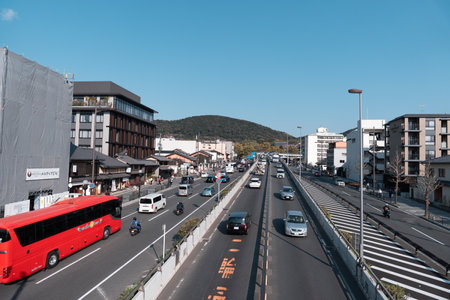 KYOTO, JAPAN - April 3, 2023: View of Gojo dori street from footbridgeのeditorial素材