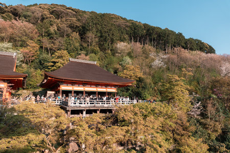 KYOTO, JAPAN - April 3, 2023: Kiyomizu-dera temple terrace view point with tourist in the afternoonのeditorial素材