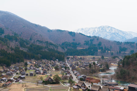SHIRAKAWA, JAPAN - APRIL 5, 2023: Aerial view of Shirakawa-go village in springtimeのeditorial素材