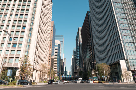 TOKYO, JAPAN - APRIL 9, 2023: Tokyo cityscape view from Åte-mon Gate of Imperial palace in Chiyoda districtのeditorial素材