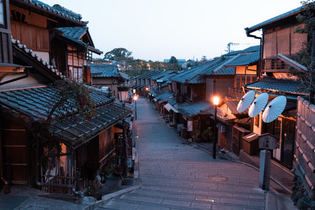 KYOTO, JAPAN - April 4, 2023: Beautiful street in old town of Higashiyama district in the morningのeditorial素材