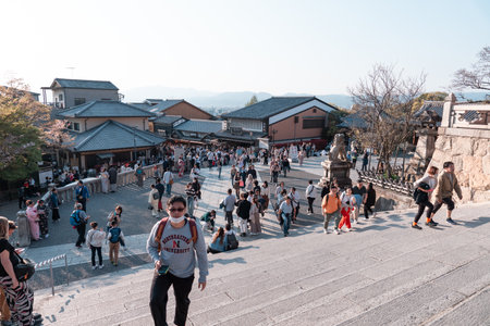 KYOTO, JAPAN - April 3, 2023: Tourist walking on stairs at Kiyomizu-dera templeのeditorial素材