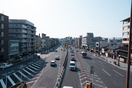 KYOTO, JAPAN - April 3, 2023: View of Gojo dori street from footbridgeのeditorial素材