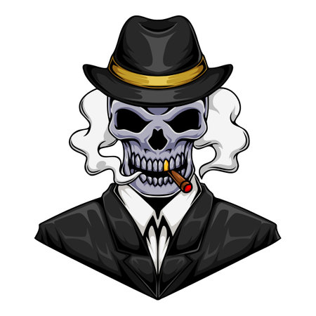 Illustration of gangster mafia human skull character wearing suit and smoking cigarのイラスト素材