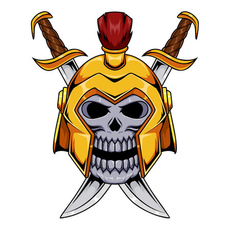 Illustration of swordman human skull character wearing helmet with cross swordsのイラスト素材