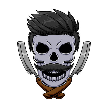Illustration of barber human skull mascot character with crossed razorのイラスト素材