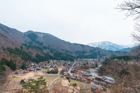 SHIRAKAWA, JAPAN - APRIL 5, 2023: Aerial view of Shirakawa-go village in springtimeのeditorial素材