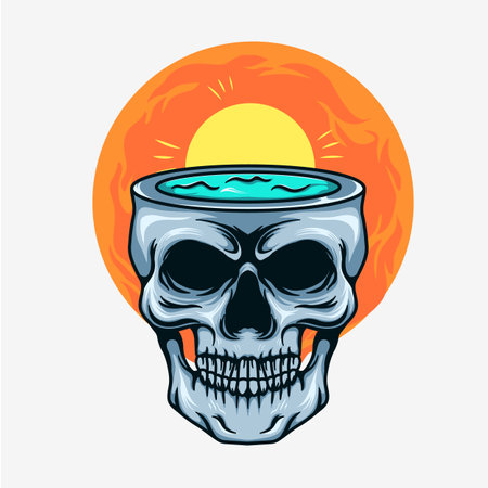 Illustration of tropical beach human skull mascot character with sunsetのイラスト素材