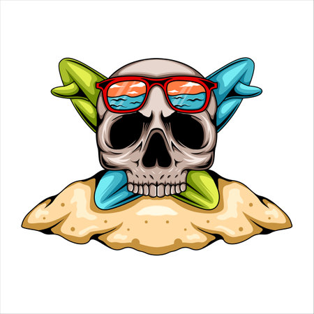 Illustration of summer vibe human skull mascot character with palm tree on the beachのイラスト素材