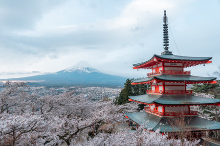 Chureito Pagoda with sakura and beautiful Mt.Fuji viewのeditorial素材