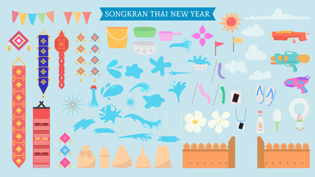 Thai travel vector illustration. Set of songkran festival symbols and elements.のイラスト素材