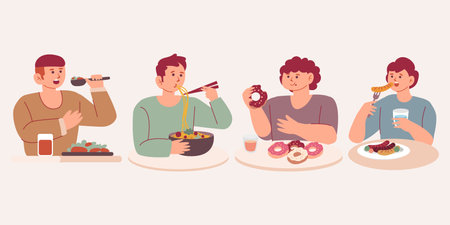 Enjoy eating cartoon character set in modern style vector illustrationのイラスト素材