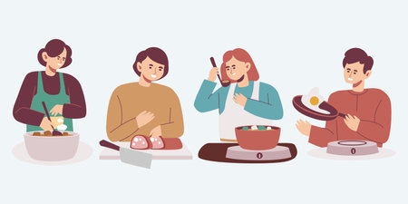 Cute modern characters cooking set isolated vector illustrationのイラスト素材