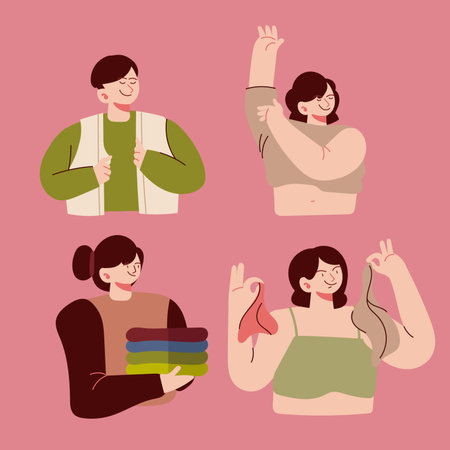 Clean cloth cartoon character set in modern style vector illustrationのイラスト素材