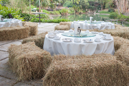 Enjoy party with grassy lawn surrounded.の写真素材