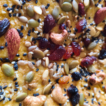 Ripe bananas, transformed through gentle baking, are topped with a harmonious blend of nine grains.の写真素材