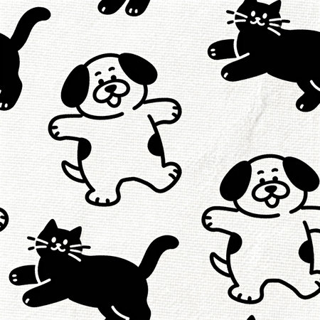 Seamless pattern with black silhouettes of dogs and cats.の素材