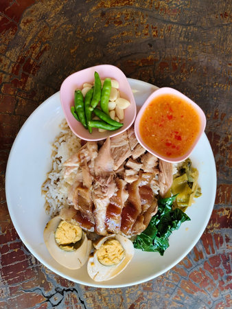 Braised pork leg over warm rice, accompanied by fresh kale.の写真素材