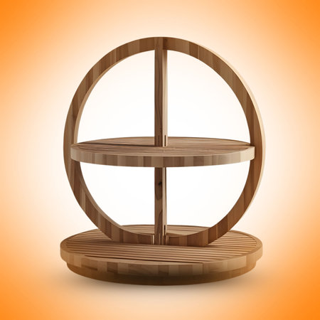Round wooden shelf isolated on orange gradient background. 3d render.の素材
