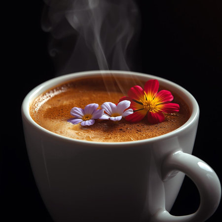 Cup of coffee with flowers on a black background, selective focusの素材