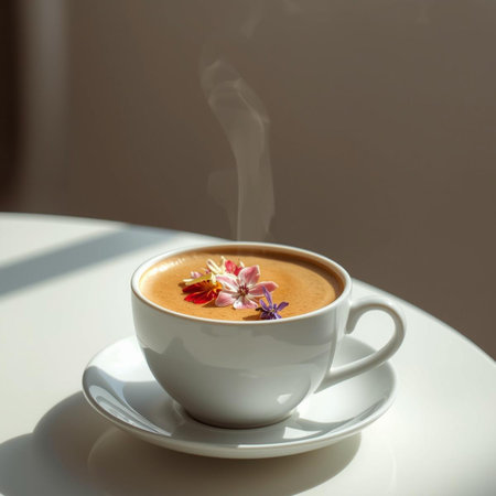 Cup of coffee with flower on white table in morning sunlight.の素材