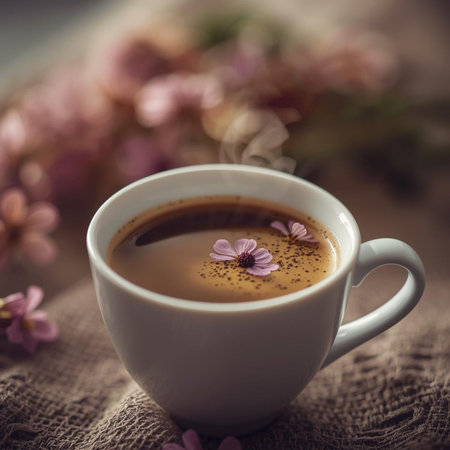 Cup of coffee with flowers on sackcloth, soft focus backgroundの素材