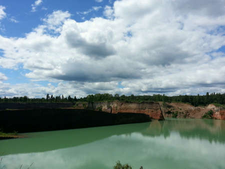 Scenic of green lake and blue sky