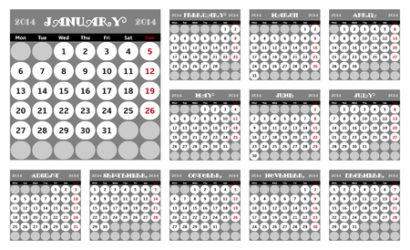 Calendar 2014. 12 months. Week starts on Mondayのイラスト素材