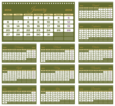 Calendar 2014. 12 months. Week starts on Mondayのイラスト素材