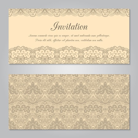 Vintage invitation decoration with lace ornament. Template jewelry detailed lace design. Can be used for packaging, invitations, scrapbooking.のイラスト素材