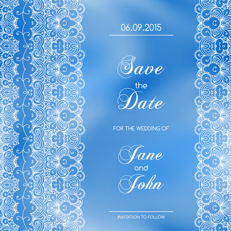 Vintage wedding invitation with lace border. Save the date design. Hand drawn vector illustrationのイラスト素材