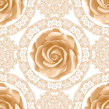 Vintage seamless pattern with roses and golden lace on white background. Vector illustrationのイラスト素材
