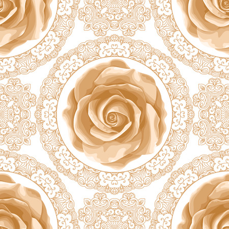 Vintage seamless pattern with roses and golden lace on white background. Vector illustration