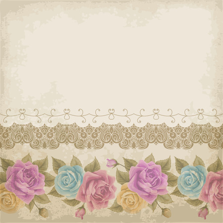 Retro background with colorful roses, lace border and old paper. Vector illustration.のイラスト素材
