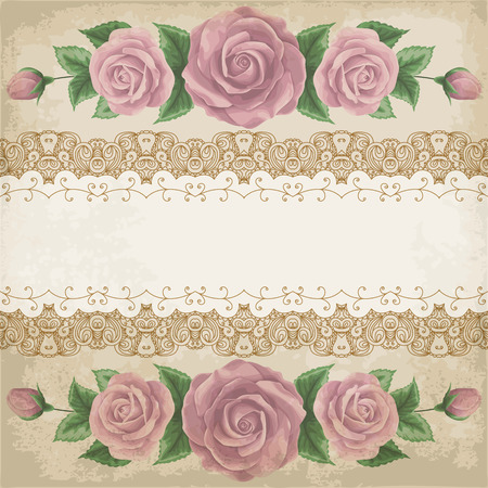 Vintage frame with roses and lace frame. Place for your text. Invitation, greeting card templateのイラスト素材