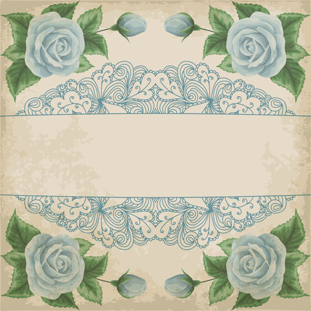 Vintage frame with roses and lace frame. Place for your text. Invitation, greeting card templateのイラスト素材