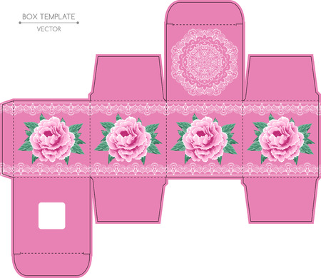 Box design with colorful peonies and white lace frame. Die-stamping. Vector templateのイラスト素材
