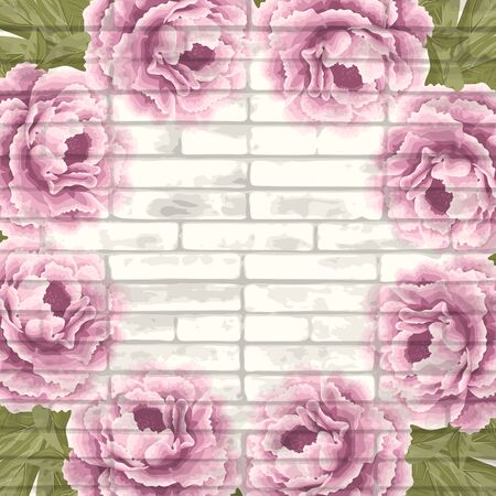 Retro background with colorful peonies and bricks. Vector illustration.のイラスト素材