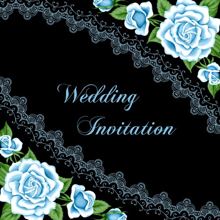 Vintage wedding invitation with blue roses and lace border on black background. Save the date design. Hand drawn vector illustrationのイラスト素材