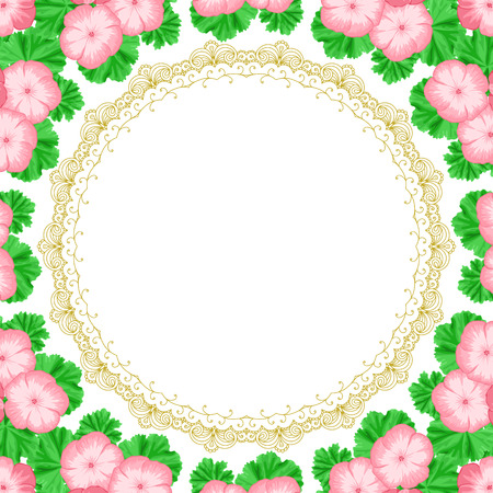 Vintage frame with geraniums and lace frame. Place for your text. Invitation, greeting card templateのイラスト素材