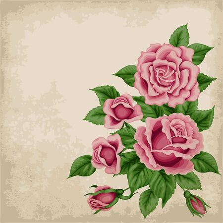 Retro background with colorful roses and old paper. Vector illustration.のイラスト素材