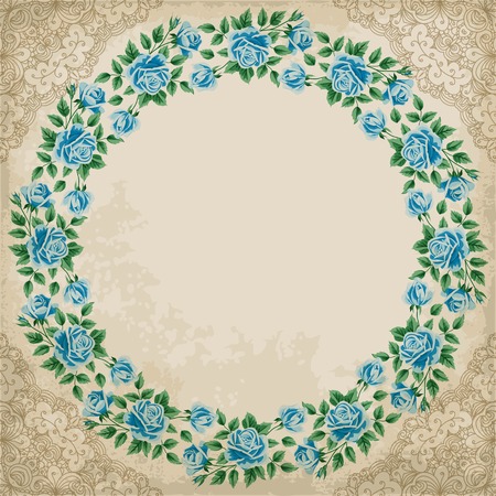 Retro background with colorful roses, lace border and old paper. Vector illustration.のイラスト素材