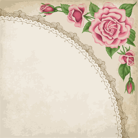 Vintage frame with roses and lace frame. Place for your text. Invitation, greeting card templateのイラスト素材