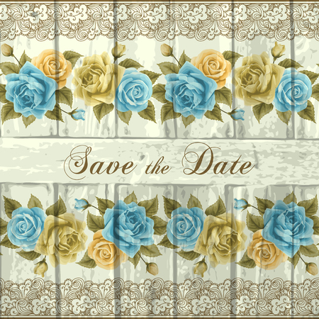 Vintage wedding invitation with roses and wood. Vector illustration. Save the date designのイラスト素材